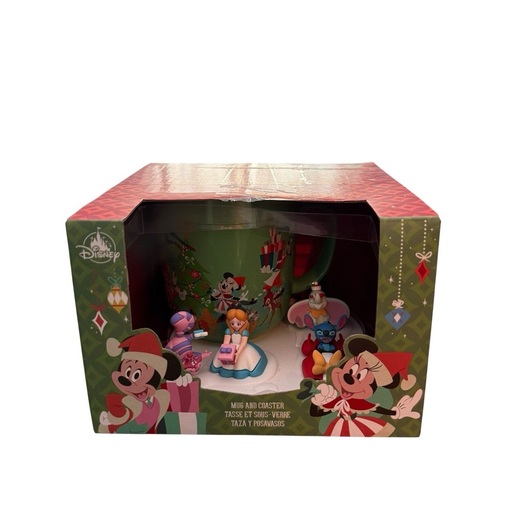 Disney Christmas Holiday Mug and 3D Character Coaster Set Mickey‎ Alice Stitch